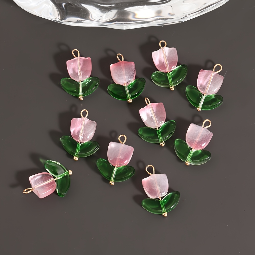 10pcs Glass Tulip Flower Pendants with 3D Leaves Multicolor Necklace Charms